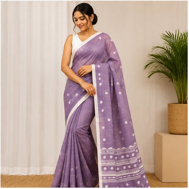 COTTON HANDWOVEN CHECK JAMDANI SAREE - Color:DUSTY LAVENDER