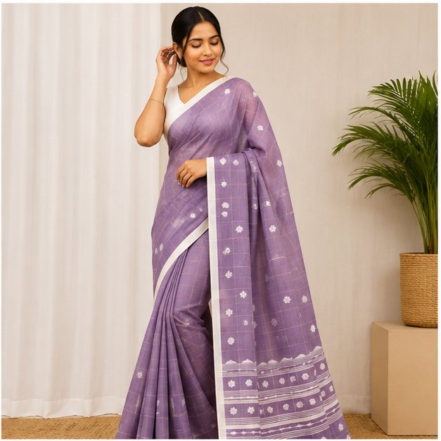 COTTON HANDWOVEN CHECK JAMDANI SAREE - View 6