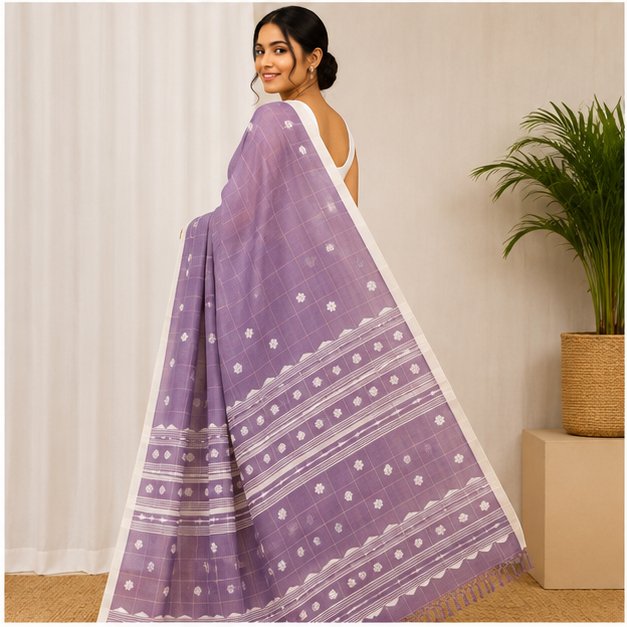 COTTON HANDWOVEN CHECK JAMDANI SAREE - View 7