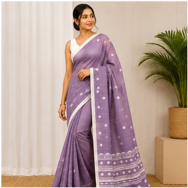 COTTON HANDWOVEN CHECK JAMDANI SAREE - View 8