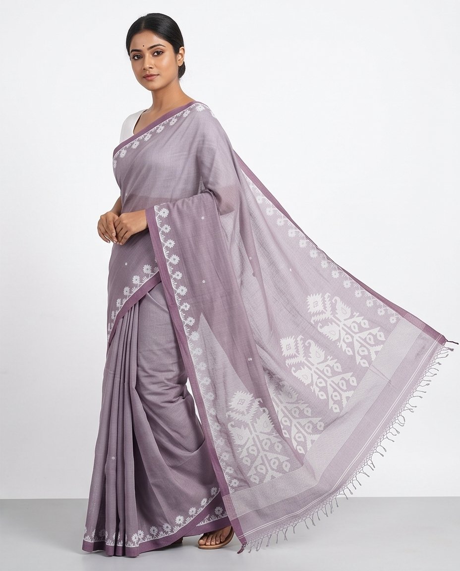 COTTON HANDWOVEN JAMDANI SAREE - Color:DUSTY LAVENDER