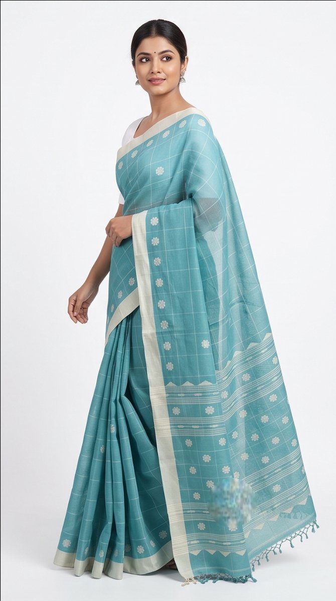 COTTON HANDWOVEN CHECK JAMDANI SAREE - Color:OCEAN TEAL