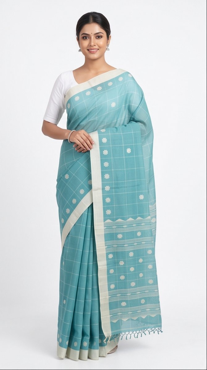 COTTON HANDWOVEN CHECK JAMDANI SAREE - View 10