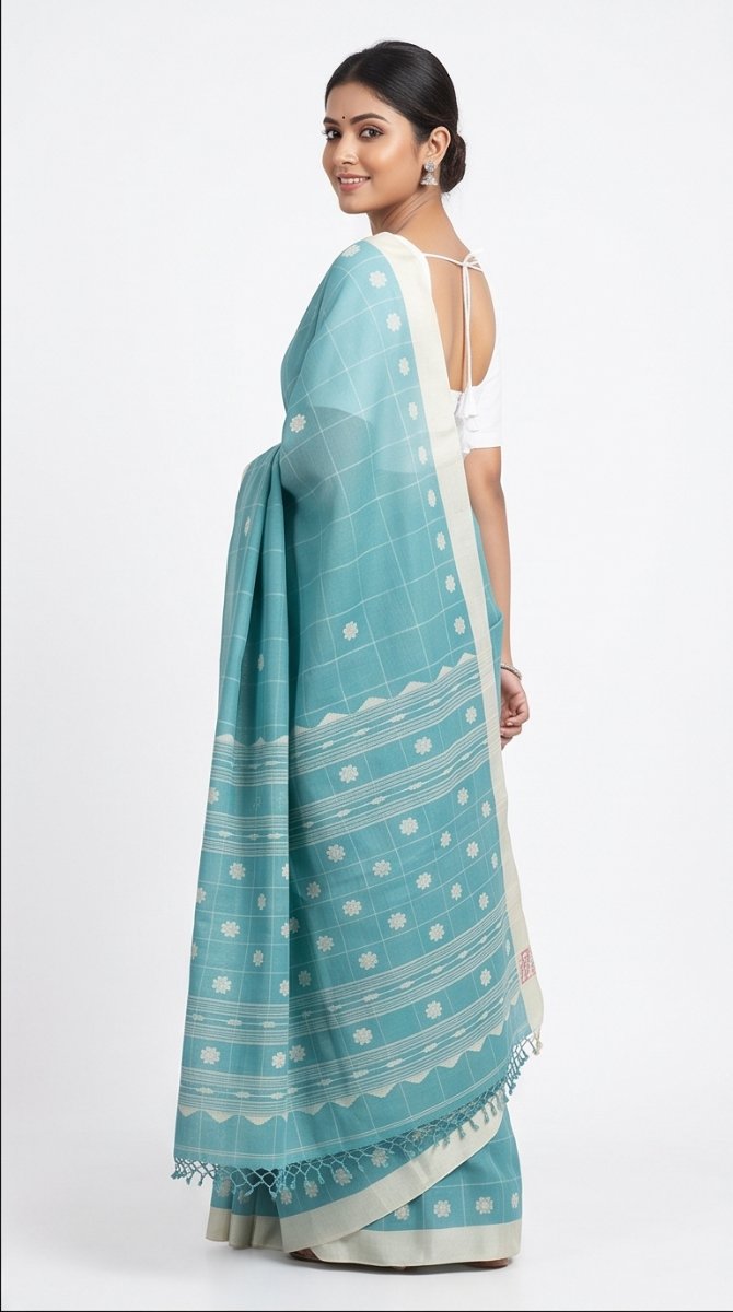COTTON HANDWOVEN CHECK JAMDANI SAREE - View 11