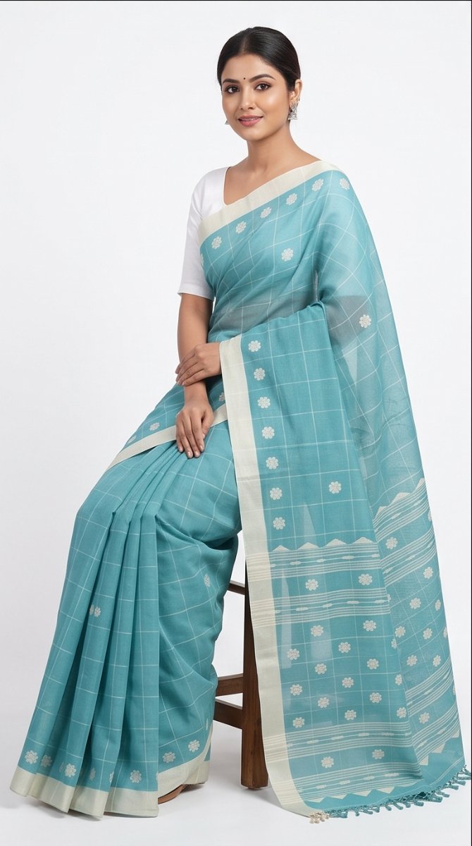 COTTON HANDWOVEN CHECK JAMDANI SAREE - View 12