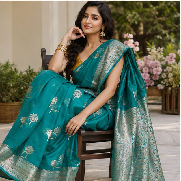 BANARASI WORK MUNGA ZARI BUTTA SAREE - View 2