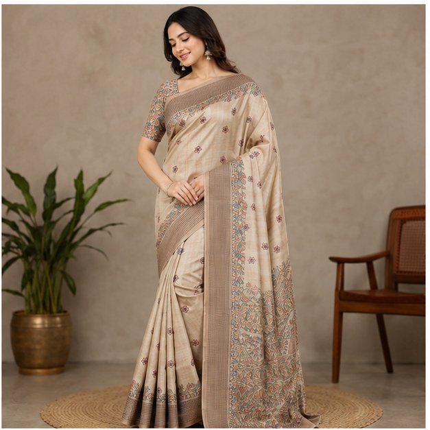 SEMI TUSSAR MADHUBANI  BIRD ANCHAL PRINT SAREE