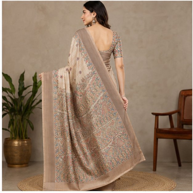SEMI TUSSAR MADHUBANI  BIRD ANCHAL PRINT SAREE - View 2