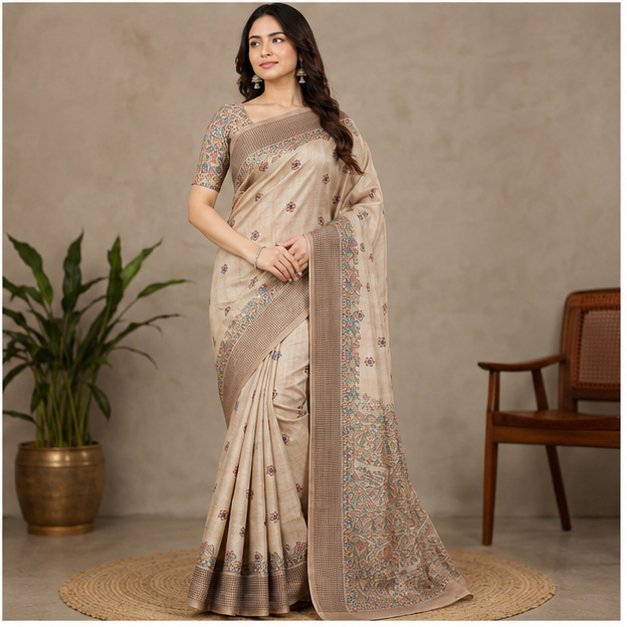 SEMI TUSSAR MADHUBANI  BIRD ANCHAL PRINT SAREE - View 3