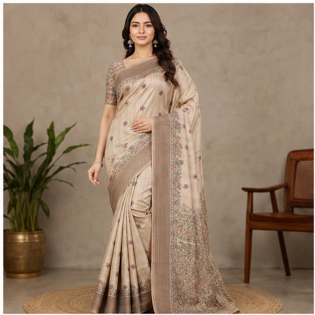 SEMI TUSSAR MADHUBANI  BIRD ANCHAL PRINT SAREE - View 4