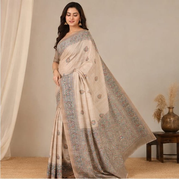 SEMI TUSSAR MADHUBANI FISH ANCHAL SAREE