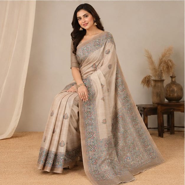 SEMI TUSSAR MADHUBANI FISH ANCHAL SAREE - View 2