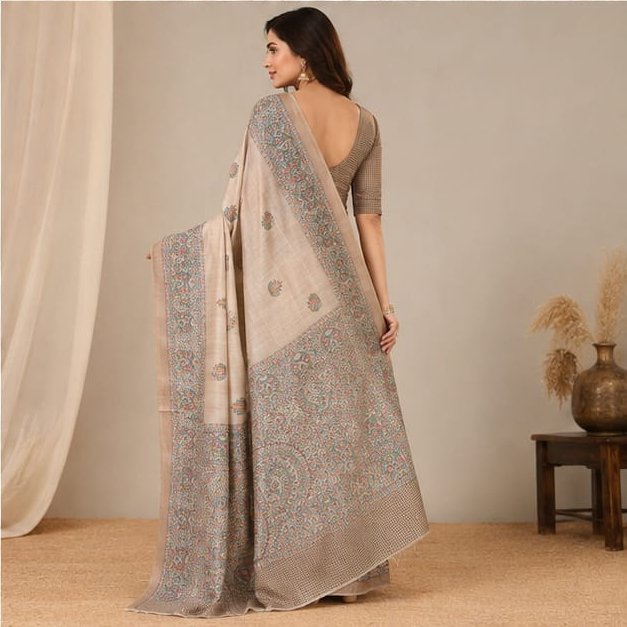 SEMI TUSSAR MADHUBANI FISH ANCHAL SAREE - View 3
