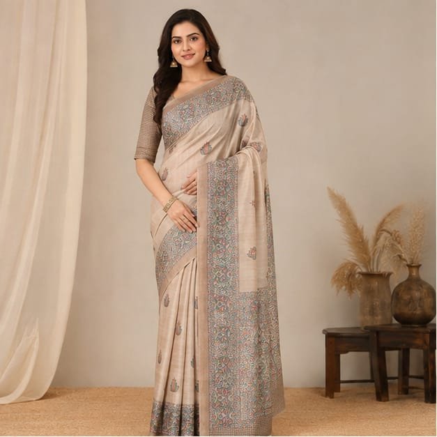 SEMI TUSSAR MADHUBANI FISH ANCHAL SAREE - View 4