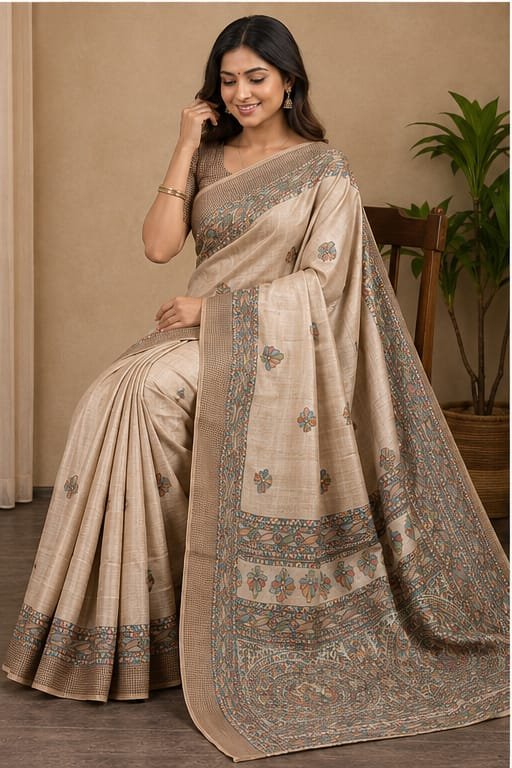 SEMI TUSSAR MADHUBANI FLOWER ANCHAL SAREE