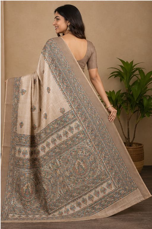 SEMI TUSSAR MADHUBANI FLOWER ANCHAL SAREE - View 2