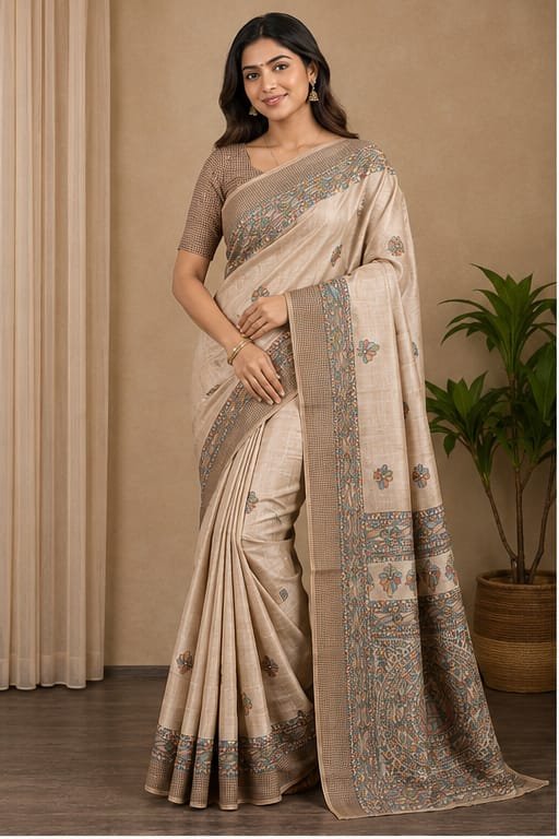 SEMI TUSSAR MADHUBANI FLOWER ANCHAL SAREE - View 3