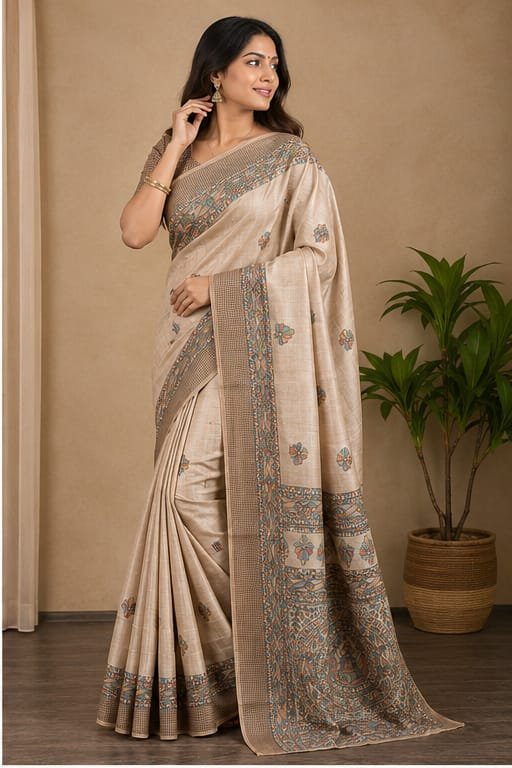 SEMI TUSSAR MADHUBANI FLOWER ANCHAL SAREE - View 4