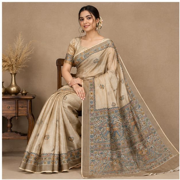 SEMI TUSSAR MADHUBANI DANCE ANCHAL SAREE - View 2