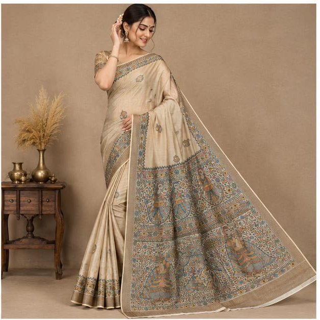 SEMI TUSSAR MADHUBANI DANCE ANCHAL SAREE - View 3