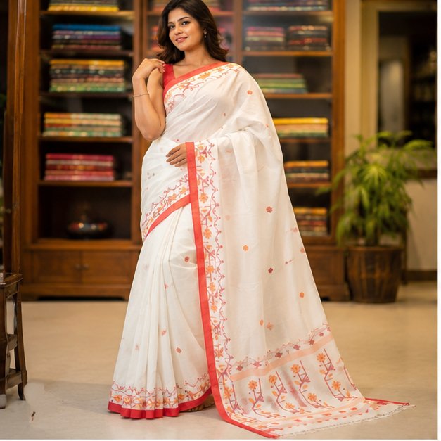 HANDWOVEN COTTON JAMDANI SAREE - View 4