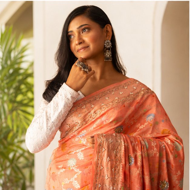 BANARASI HAND WOVEN SAREE WITH HAND EMBROIDERY WORK - View 2