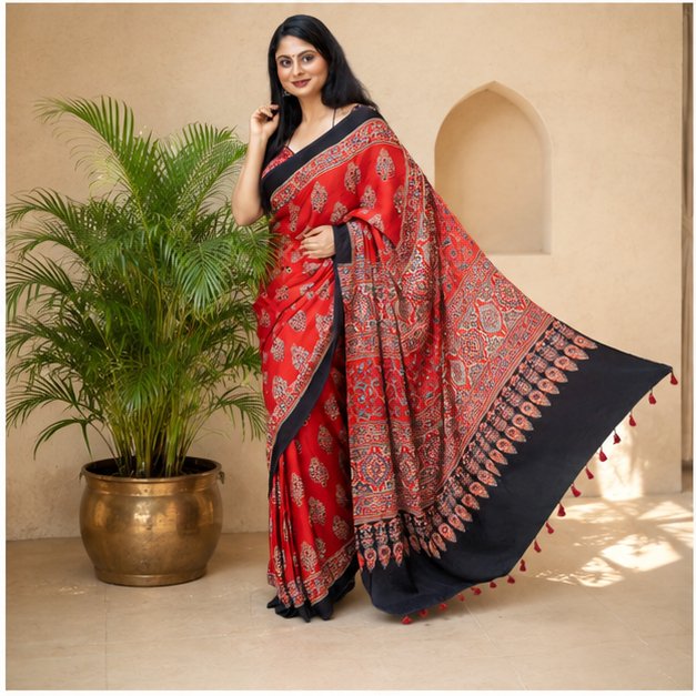 SHREES EMBROIDERY MODAL AJRAKH SAREE - View 3