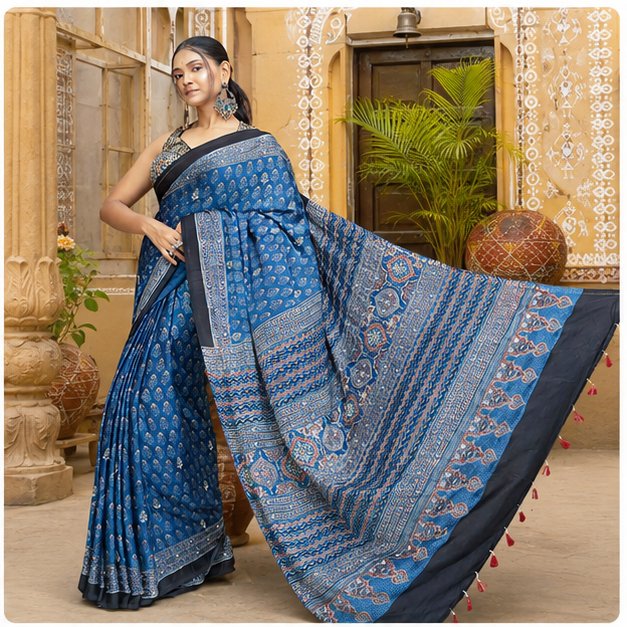 SHREES EMBROIDERY MODAL AJRAKH SAREE