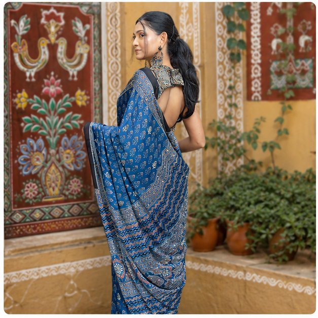 SHREES EMBROIDERY MODAL AJRAKH SAREE - View 2