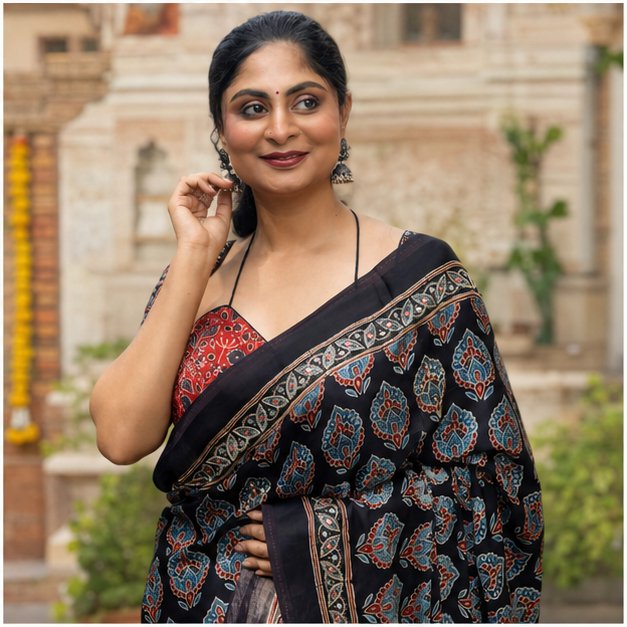 SHREES EMBROIDERY MODAL AJRAKH SAREE - View 3