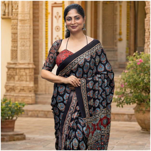 SHREES EMBROIDERY MODAL AJRAKH SAREE - View 4