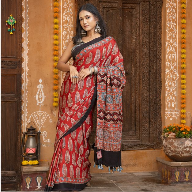 ShrEes EMBROIDERY MODAL AJRAKH SAREE