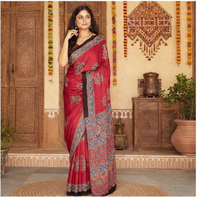 ShrEes EMBROIDERY MODAL AJRAKH SAREE