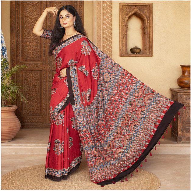 ShrEes EMBROIDERY MODAL AJRAKH SAREE - View 2