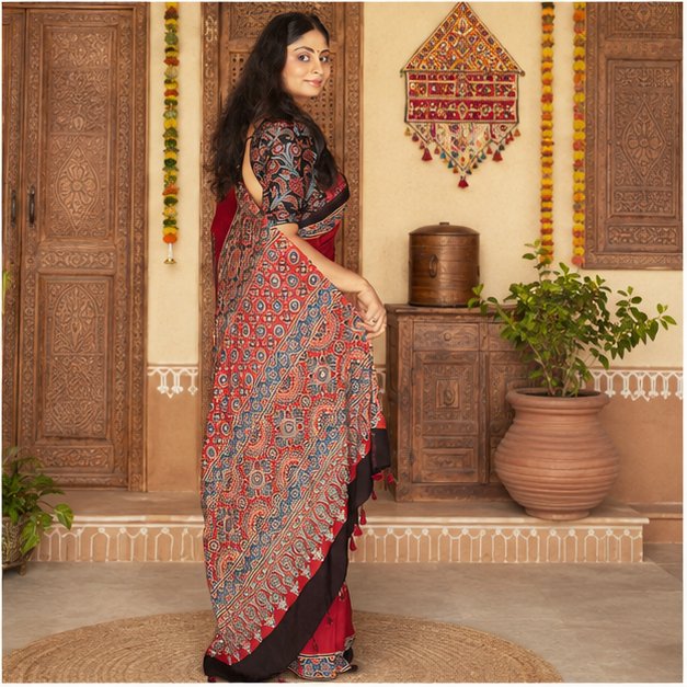 ShrEes EMBROIDERY MODAL AJRAKH SAREE - View 3