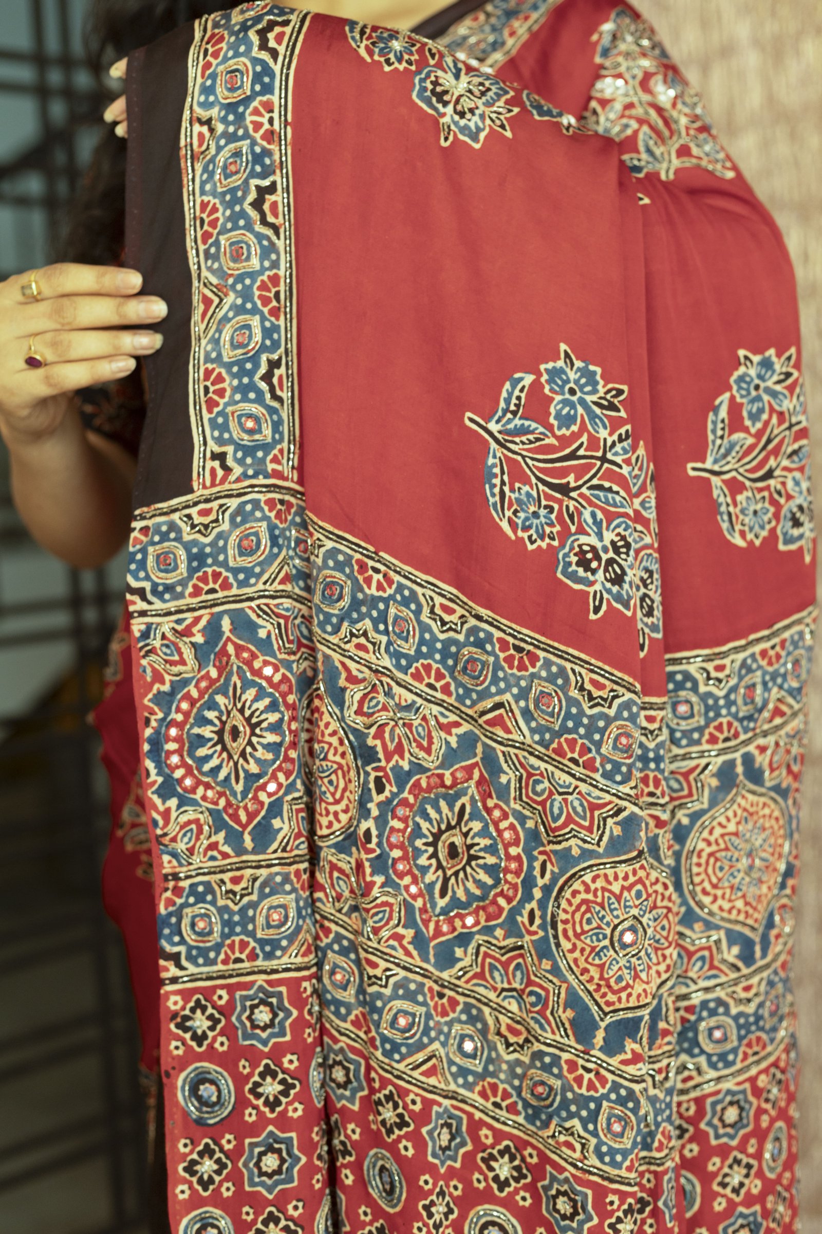 ShrEes EMBROIDERY MODAL AJRAKH SAREE - View 5