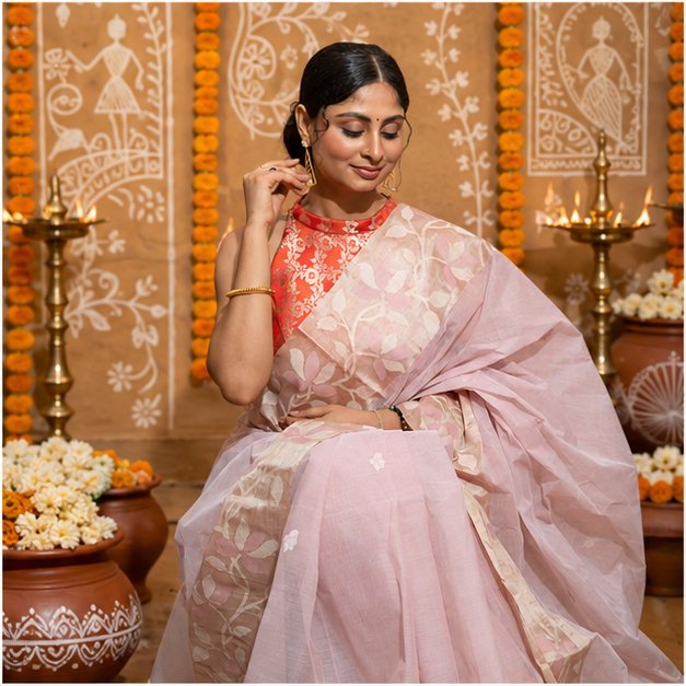 HANWOVEN TUSSAR BORDER JAMDANI SAREE