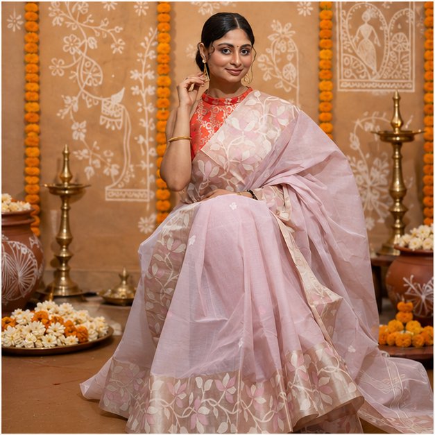 HANWOVEN TUSSAR BORDER JAMDANI SAREE - View 2