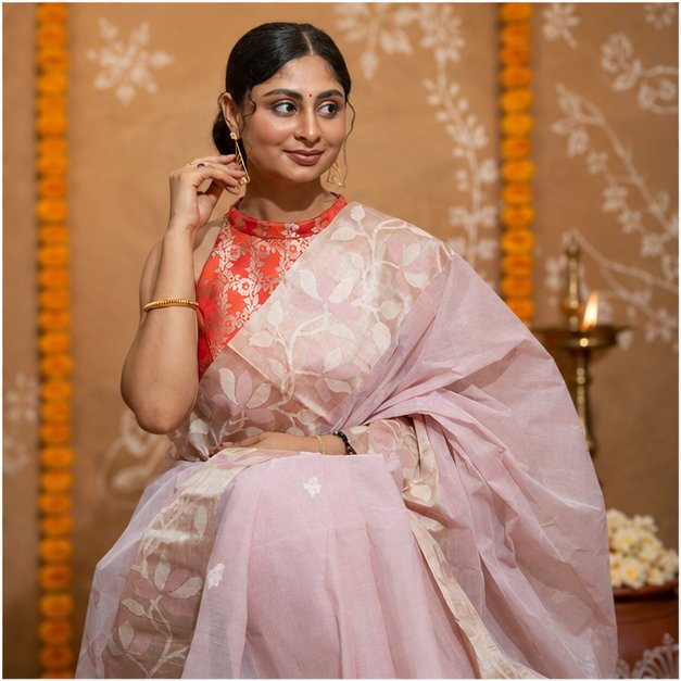 HANWOVEN TUSSAR BORDER JAMDANI SAREE - View 3