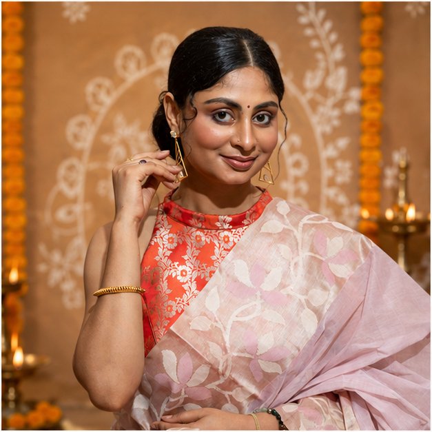 HANWOVEN TUSSAR BORDER JAMDANI SAREE - View 4