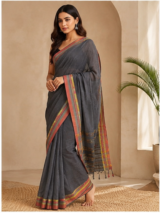 MANGALGIRI SEMI SILK MULTI LAYERED BORDER SAREE - Color:GREY