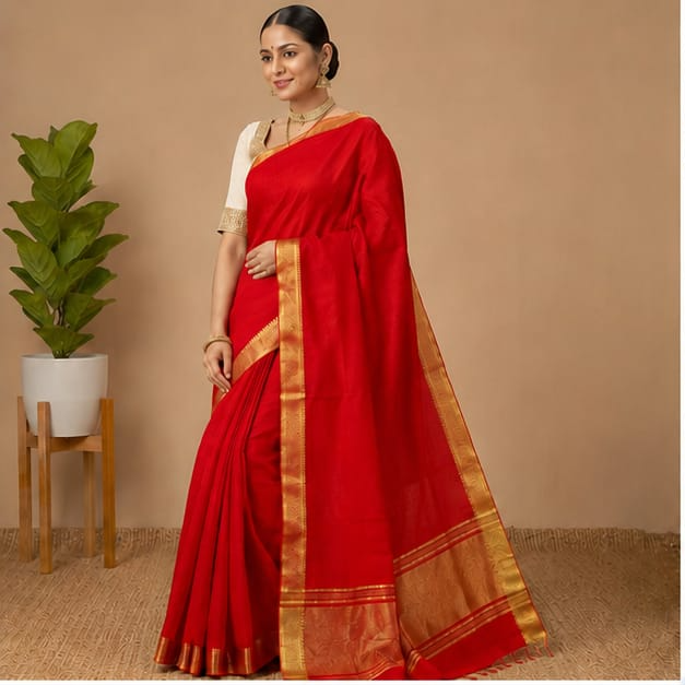 MANGALGIRI / NIZAM BORDER COTTON SAREE - Color:Red
