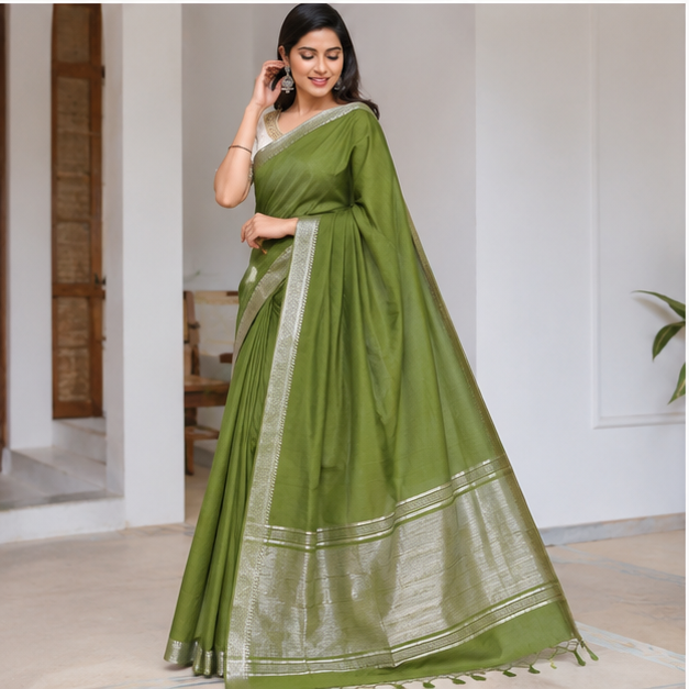 MANGALGIRI / NIZAM BORDER COTTON SAREE - Color:OLIVE MOSS GREEN