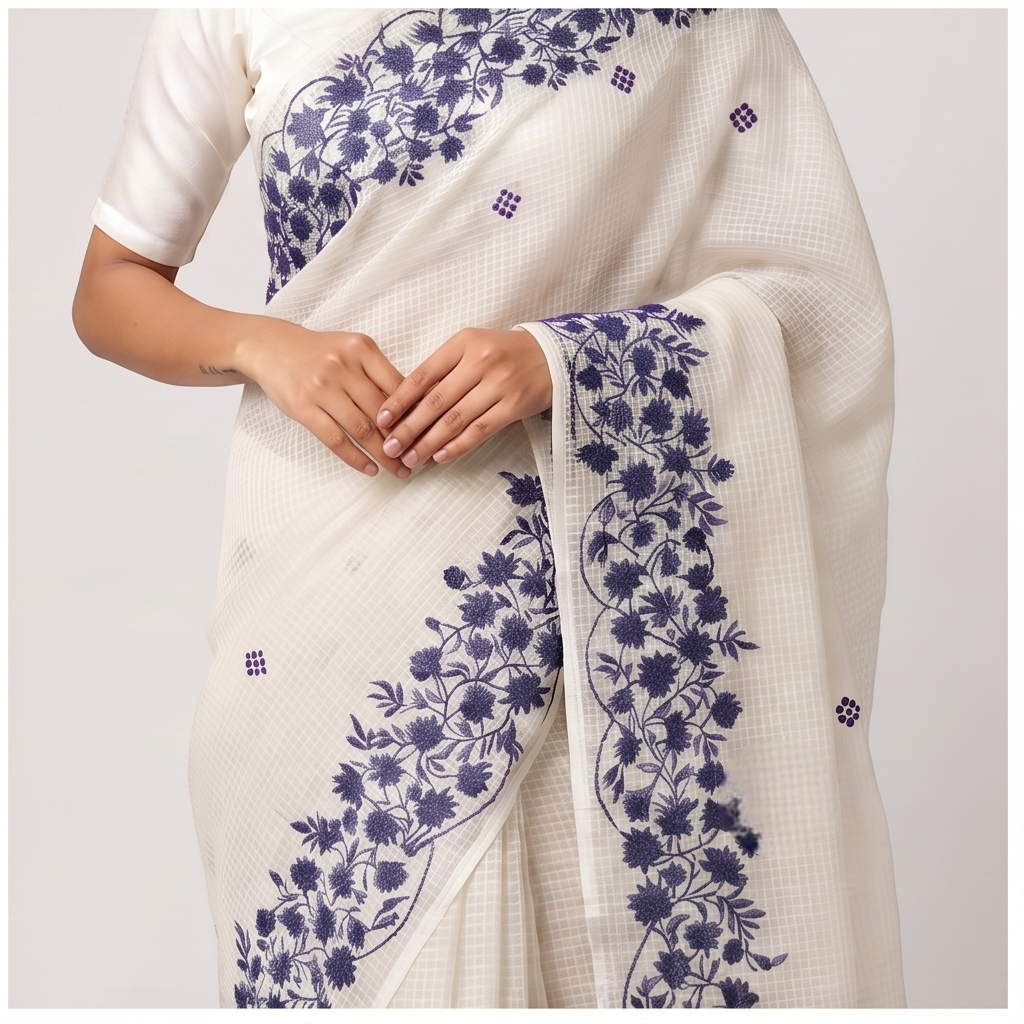 WHITE RSEHAM KOTA SAREE WITH GREY PARSI EMBROIDERY WORK - View 3