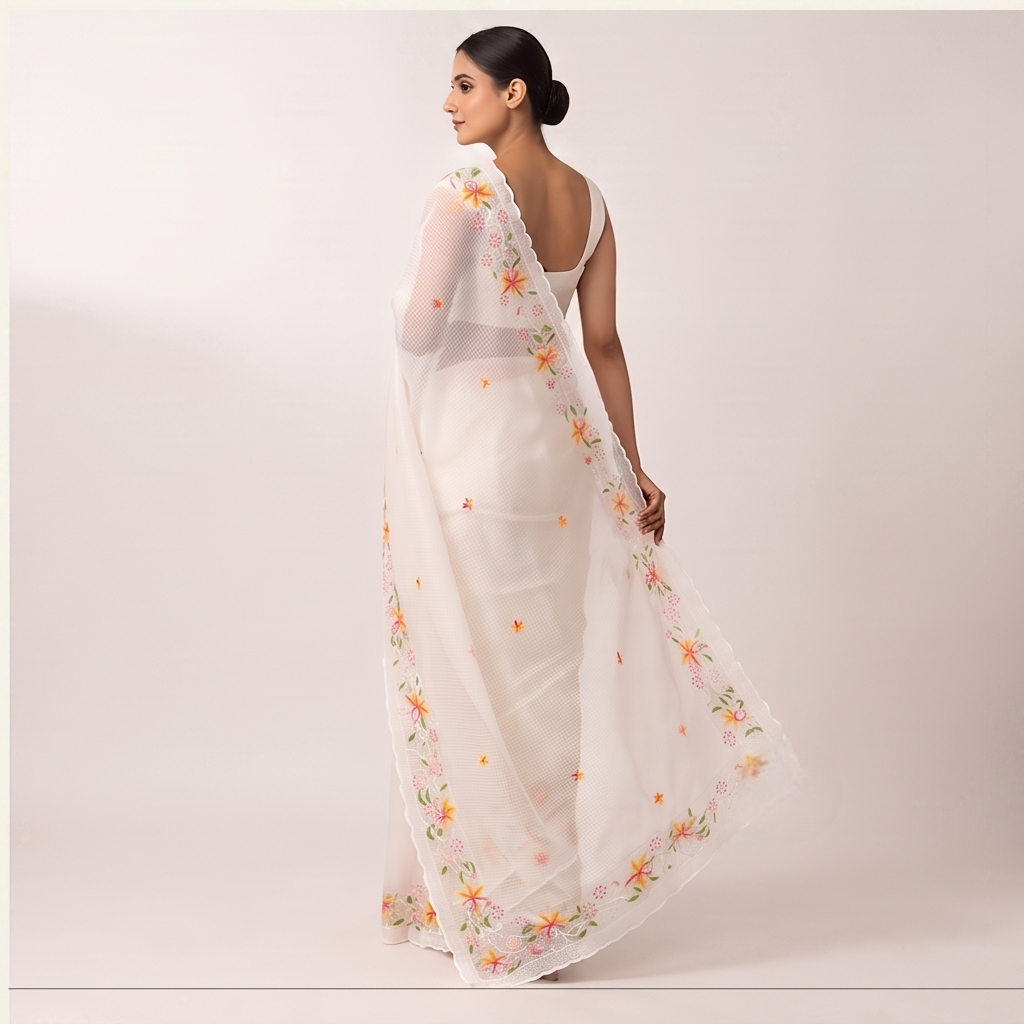 PINK YELLOW FLOWER EMBROIDERY ON RESHAM KOTA