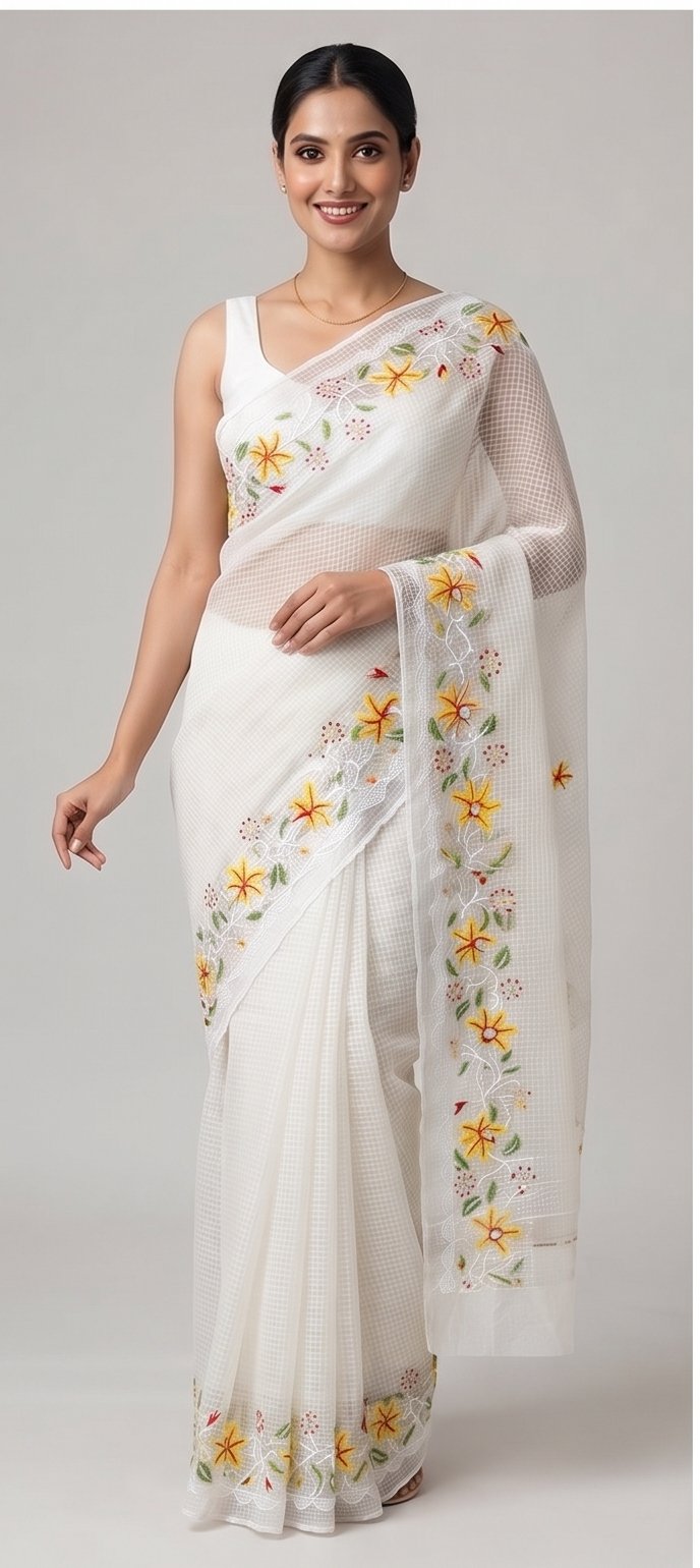 RED YELLOW FLOWER EMBROIDERY ON RESHAM KOTA