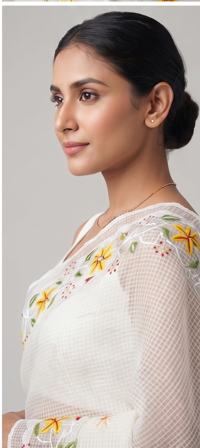 RED YELLOW FLOWER EMBROIDERY ON RESHAM KOTA - View 3