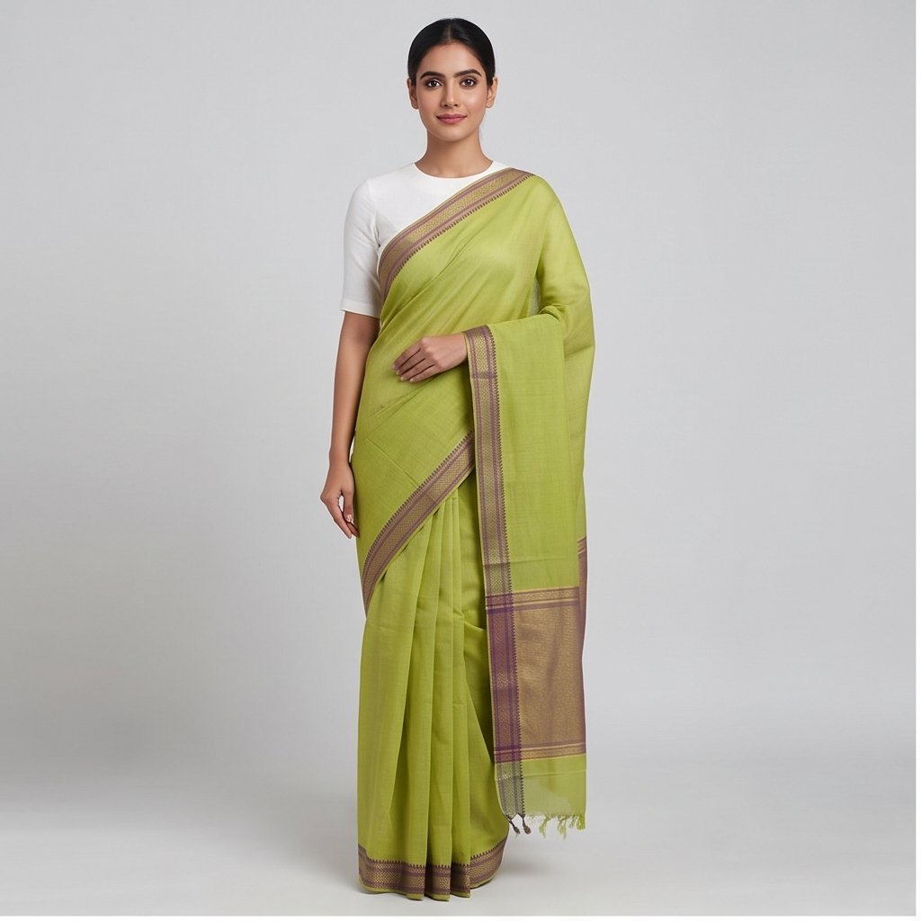 MANGALGIRI NIZAM COTTON BORDER SAREE - Color:PARROT GREEN