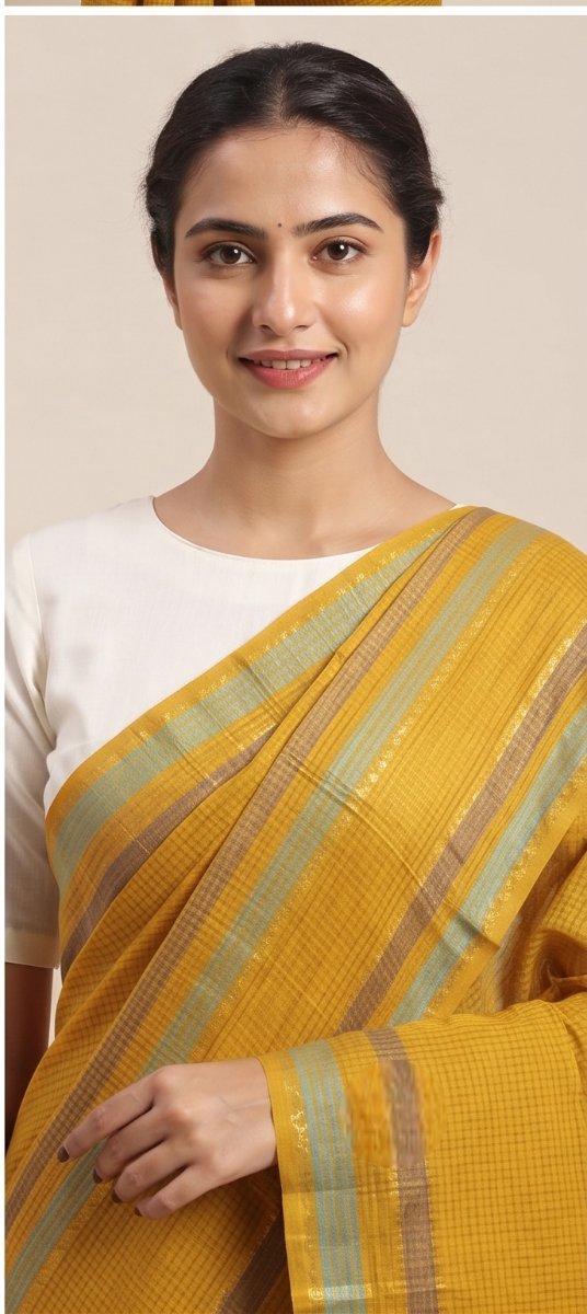 MANGALGIRI 6 LINE ZARI BORDER COTTON SAREE - Color:Yellow