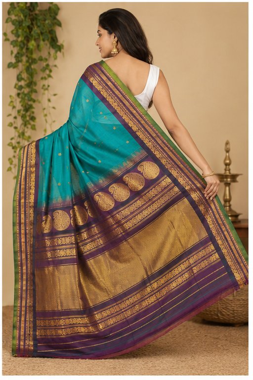 GADWAL SICO SAREE(TEAL GREEN-PURPLE) - View 2